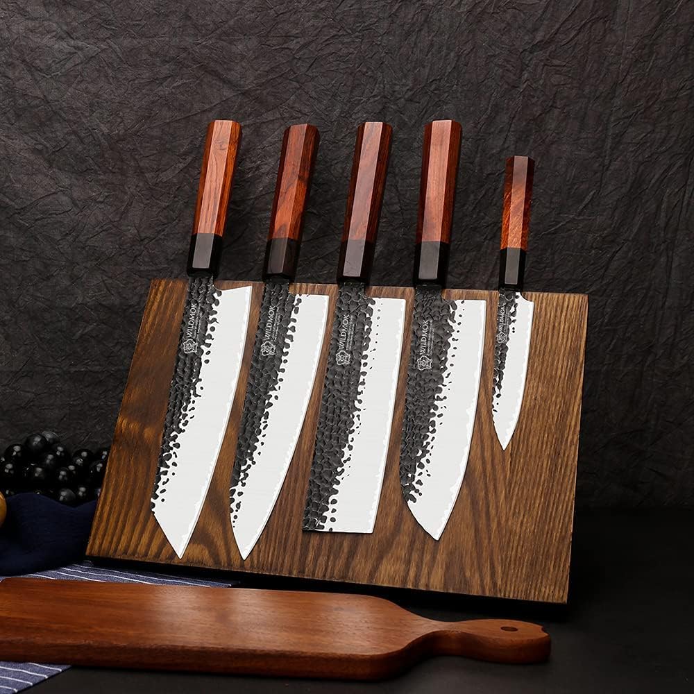 WILDMOK Kitchen Knife Set with Block 6 Pieces Sharp Professional Chef Knife Set 3 Layers 9Cr18MoV Clad Steel Knife Set with Magnetic Knife Block