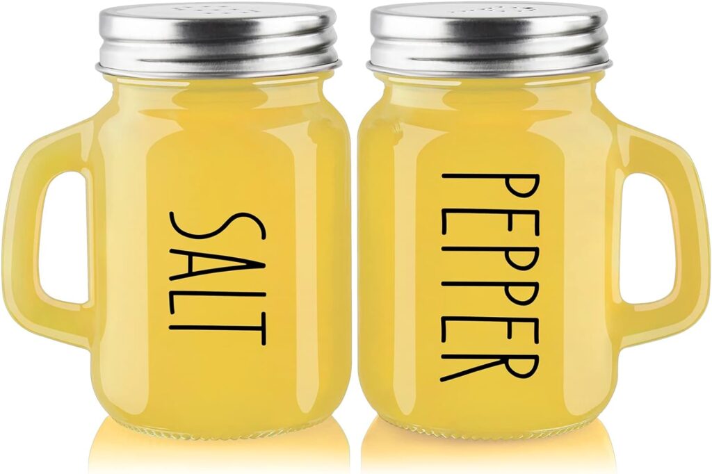 Yellow Salt and Pepper Shakers Set - Yellow Kitchen Decor and Accessories for Home Restaurants Wedding - Glass Salt and Pepper Set for Cooking Table, RV, BBQ, Easy to Clean  Refill