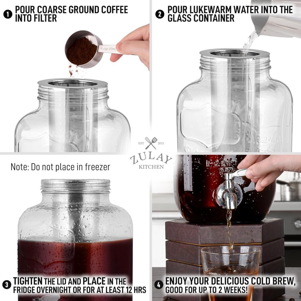 Zulay Kitchen 1 Gallon Cold Brew Coffee Maker with EXTRA-THICK Glass Carafe  Stainless Steel Mesh Filter - Premium Iced Coffee Maker, Cold Brew Pitcher  Tea Infuser (Silver)