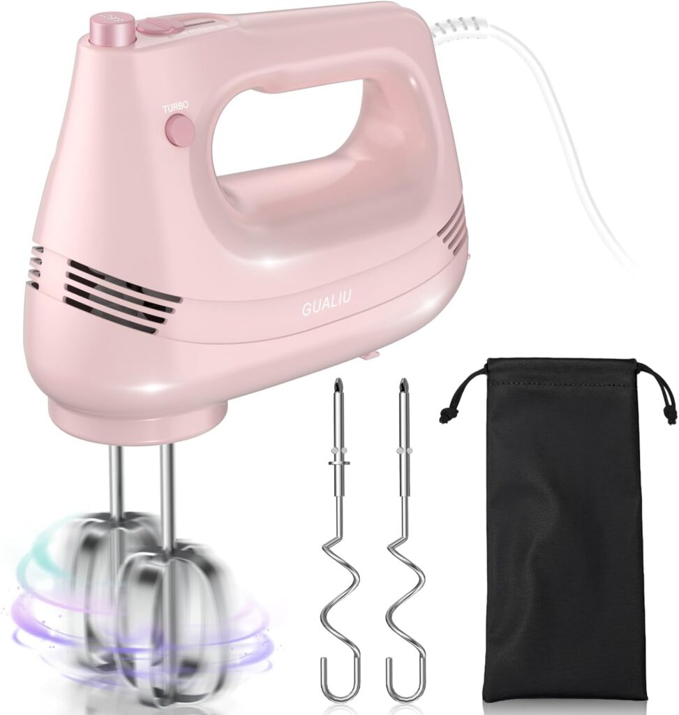 Electric Hand Mixer with Stainless Steel Whisk, Dough Hook Attachment and Storage Bag, Handheld Mixer for Baking Cakes, Eggs, Cream Food Mixers. Turbo Boost /5 Speed Kitchen Blender PINK