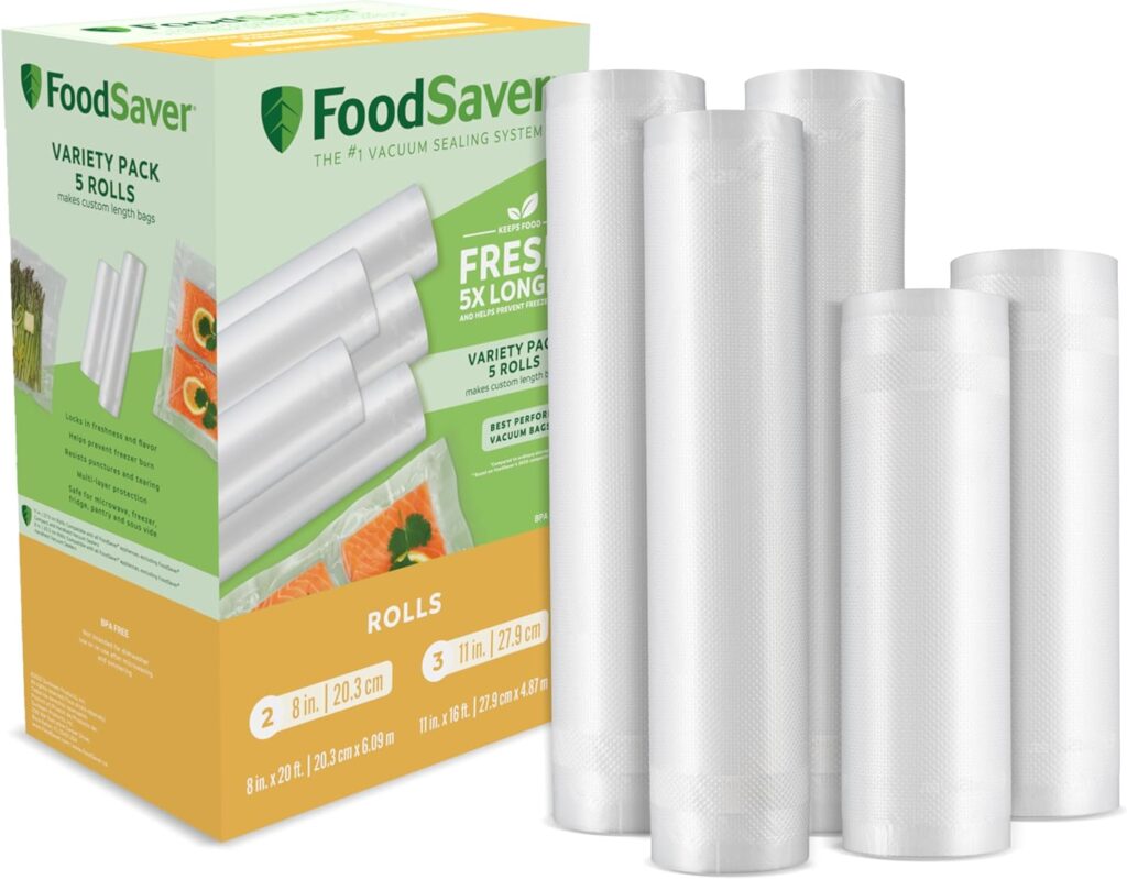 FoodSaver Vacuum Sealer Bags, Rolls for Custom Fit Airtight Food Storage and Sous Vide, 8 (2 Pack) and 11 (3 Pack) Multipack (Packaging May Vary)