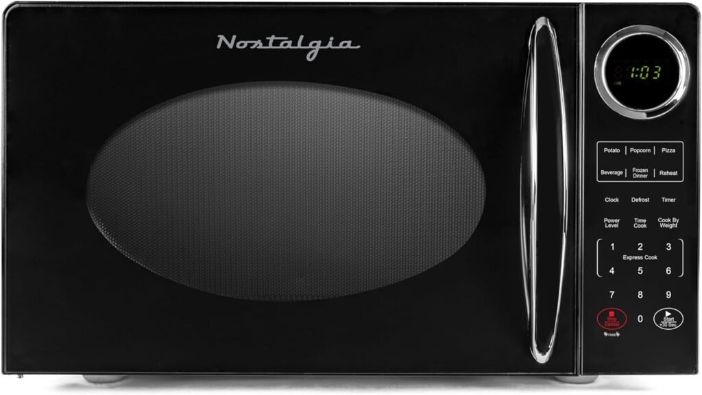 Nostalgia Modern Retro Countertop Microwave Oven - 900-Watt - 0.9 cu ft - 12 Pre-Programmed Cooking Settings - Digital Clock - Kitchen Appliances - Black