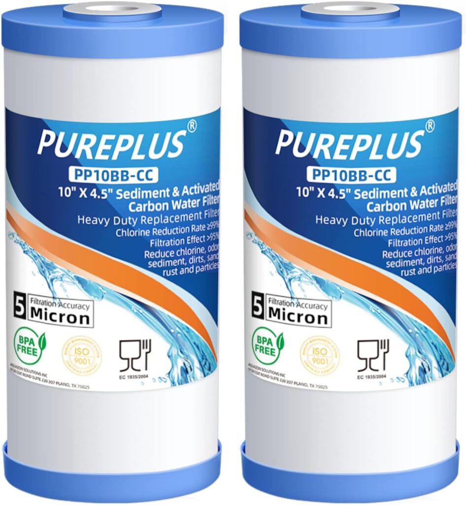 PUREPLUS 5 Micron 10 x 4.5 Whole House Sediment and Carbon Water Filter Replacement Cartridge for GE FXHTC, GXWH40L, GXWH35F, GNWH38S, Culligan RFC-BBSA, WRC25HD, PP10BB-CC, Pentek RFC-BB, 2Pack